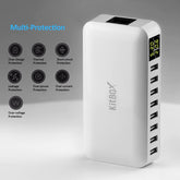 White multi-socket charger with digital display and protection features on a gray background